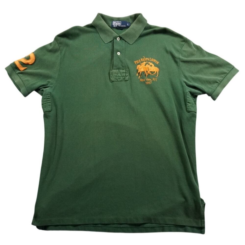 Vintage Polo Ralph Lauren Big Pony #2 Polo Shirt Green New York N.Y. Large EUC